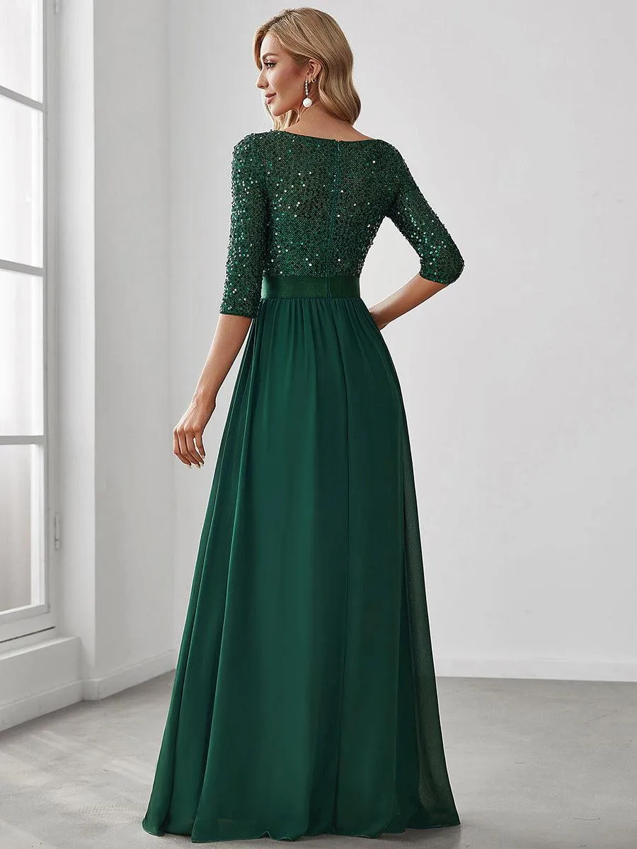 Robe de soirée élégante à encolure ronde et à manches 3/4 en patchwork de sequins
