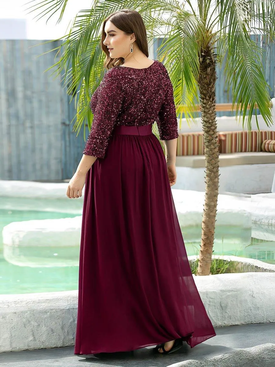 Robe de soirée élégante à encolure ronde et à manches 3/4 en patchwork de sequins