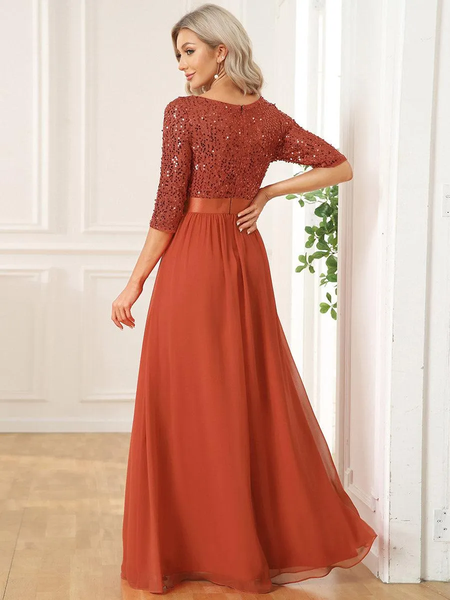 Robe de soirée élégante à encolure ronde et à manches 3/4 en patchwork de sequins