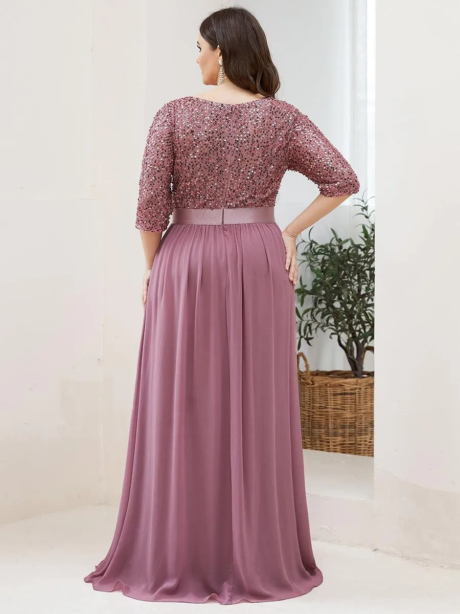 Robe de soirée élégante à encolure ronde et à manches 3/4 en patchwork de sequins