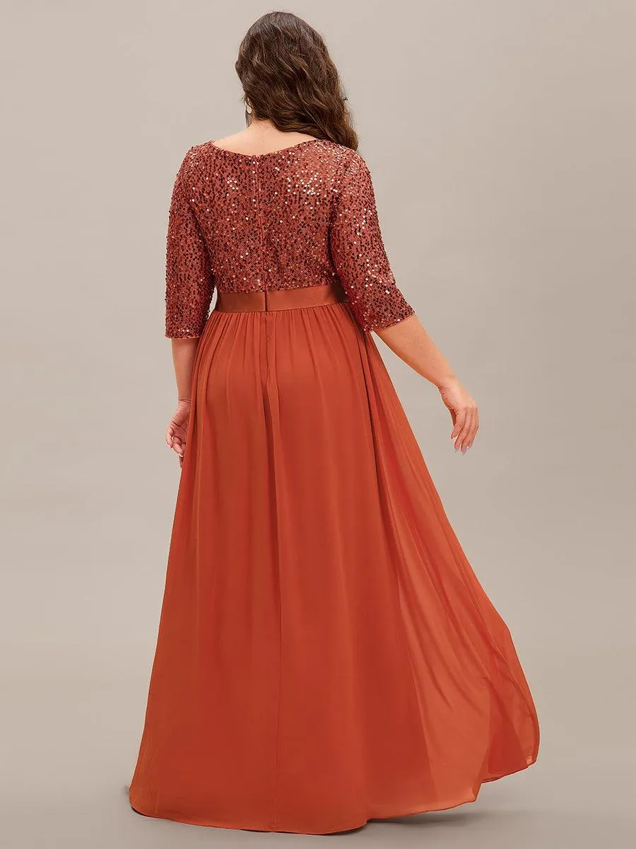 Robe de soirée élégante à encolure ronde et à manches 3/4 en patchwork de sequins