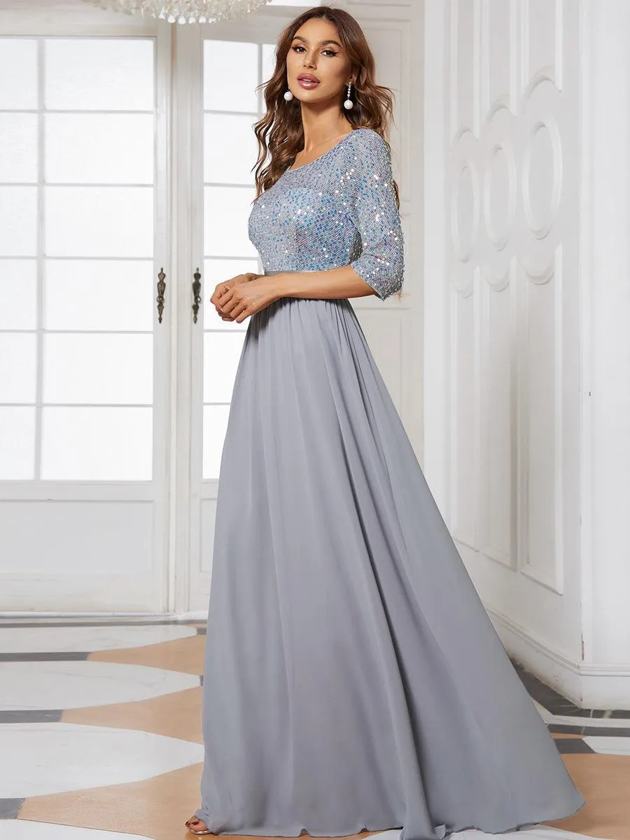 Robe de soirée élégante à encolure ronde et à manches 3/4 en patchwork de sequins