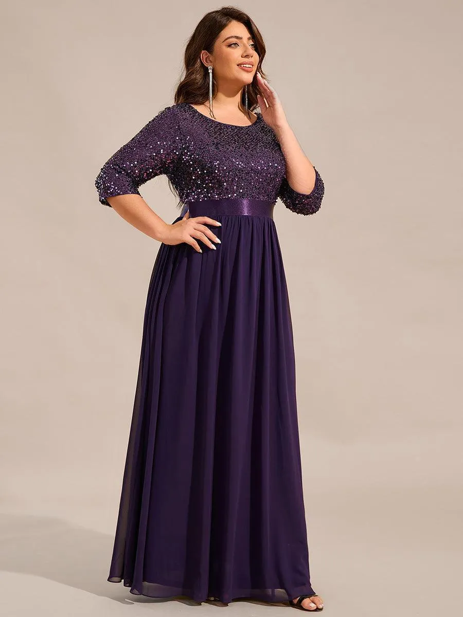 Robe de soirée élégante à encolure ronde et à manches 3/4 en patchwork de sequins
