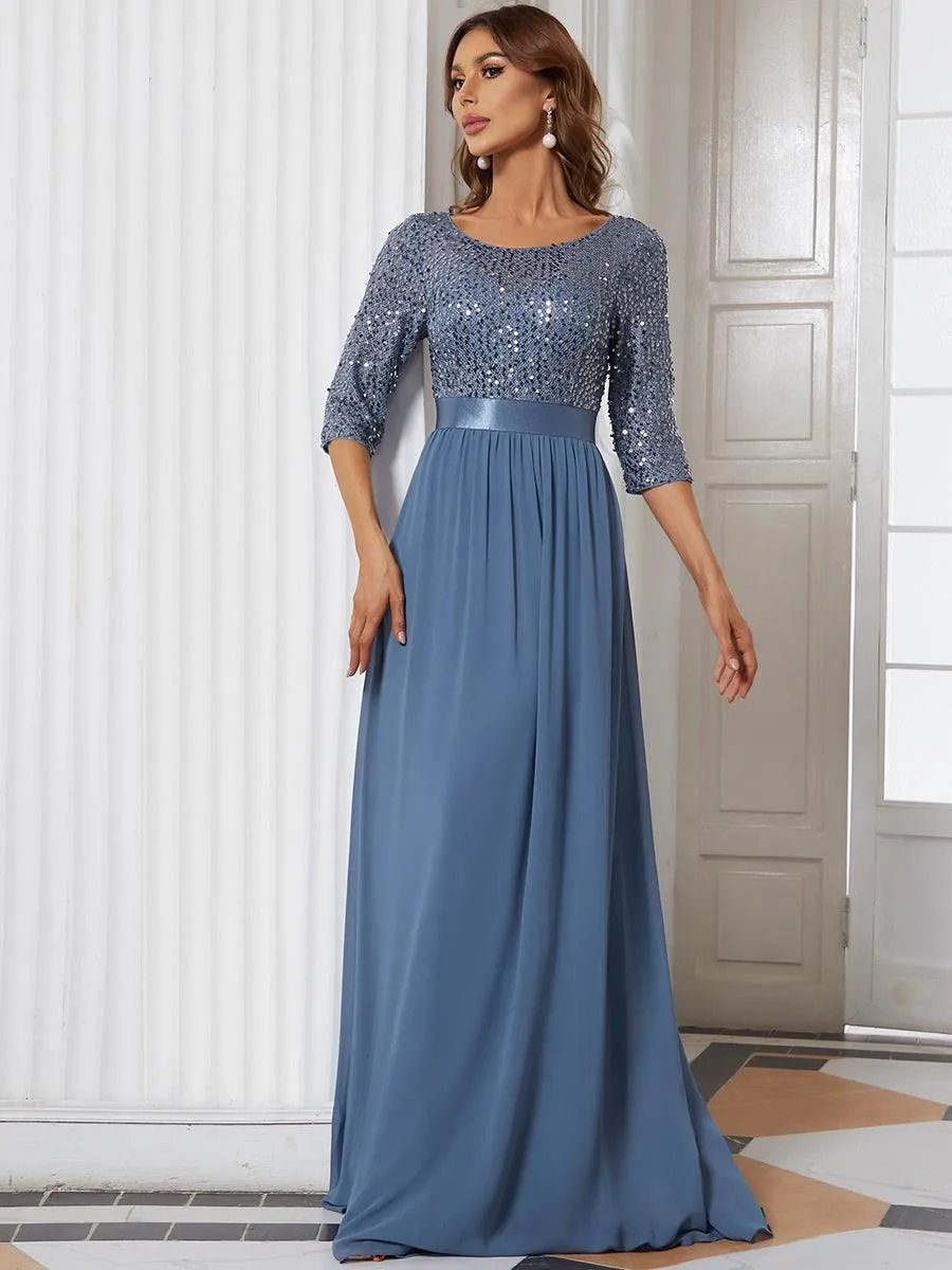 Robe de soirée élégante à encolure ronde et à manches 3/4 en patchwork de sequins
