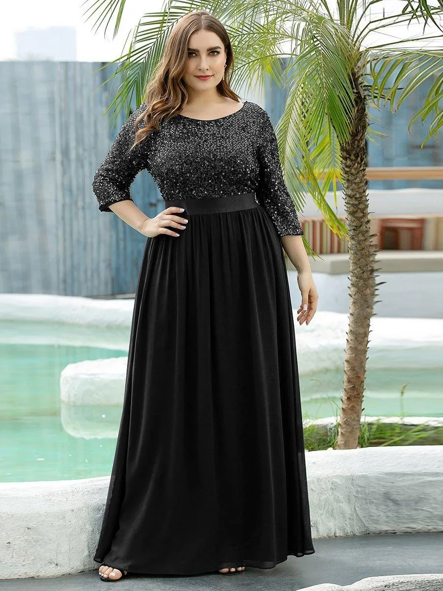 Robe de soirée élégante à encolure ronde et à manches 3/4 en patchwork de sequins