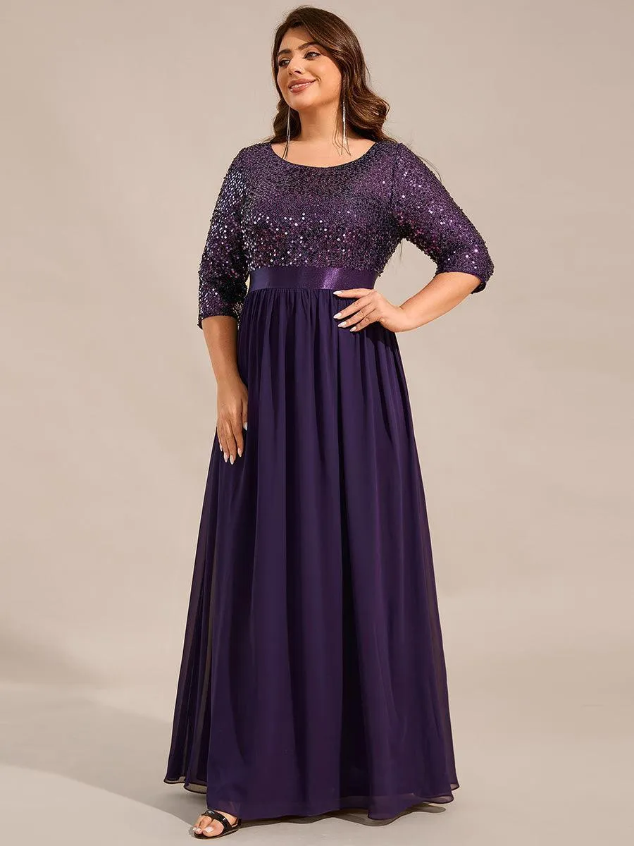 Robe de soirée élégante à encolure ronde et à manches 3/4 en patchwork de sequins
