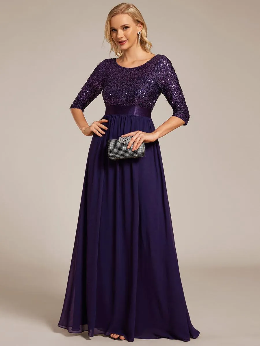 Robe de soirée élégante à encolure ronde et à manches 3/4 en patchwork de sequins