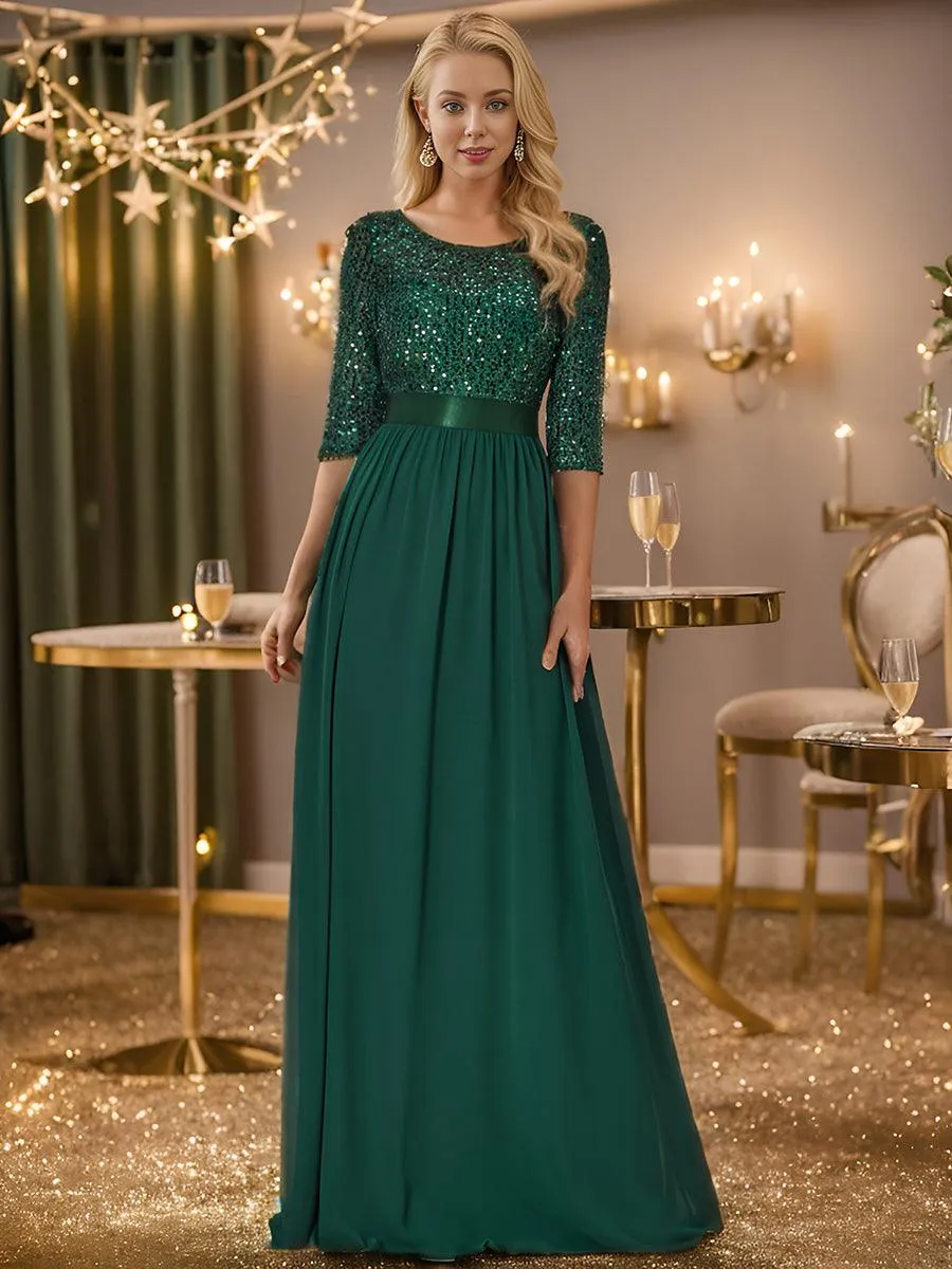 Robe de soirée élégante à encolure ronde et à manches 3/4 en patchwork de sequins