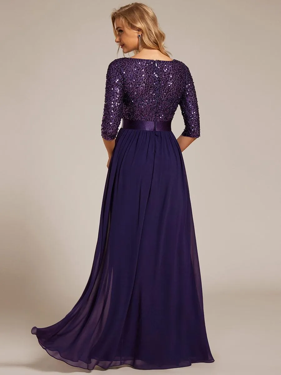Robe de soirée élégante à encolure ronde et à manches 3/4 en patchwork de sequins
