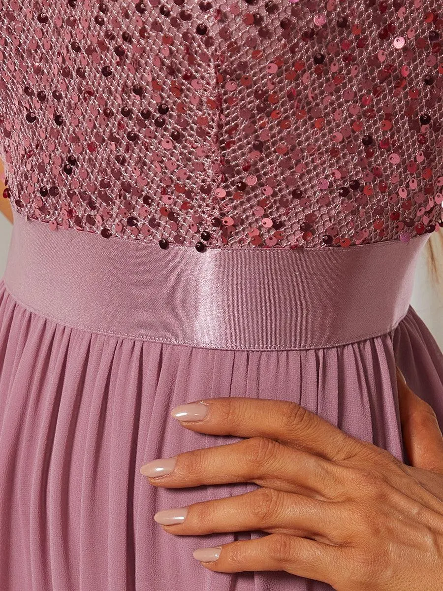 Robe de soirée élégante à encolure ronde et à manches 3/4 en patchwork de sequins
