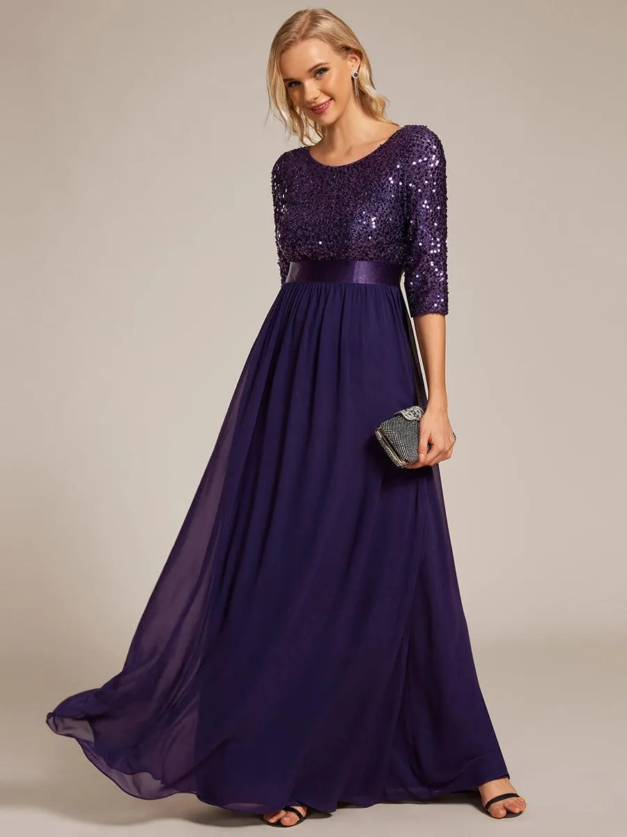 Robe de soirée élégante à encolure ronde et à manches 3/4 en patchwork de sequins