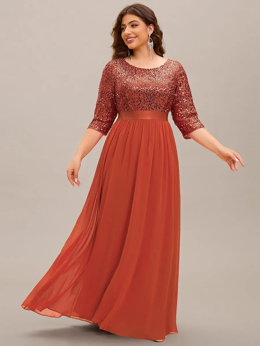 Robe de soirée élégante à encolure ronde et à manches 3/4 en patchwork de sequins