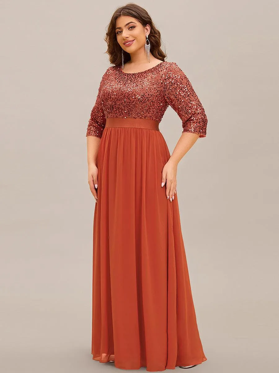 Robe de soirée élégante à encolure ronde et à manches 3/4 en patchwork de sequins