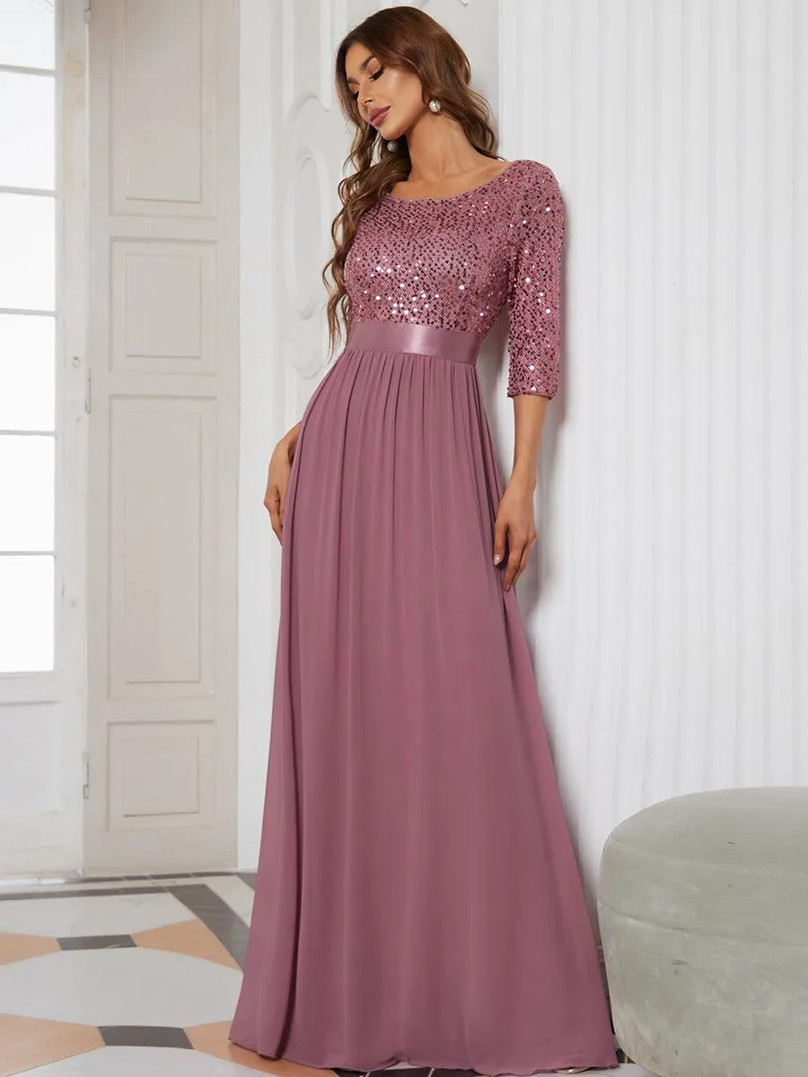 Robe de soirée élégante à encolure ronde et à manches 3/4 en patchwork de sequins