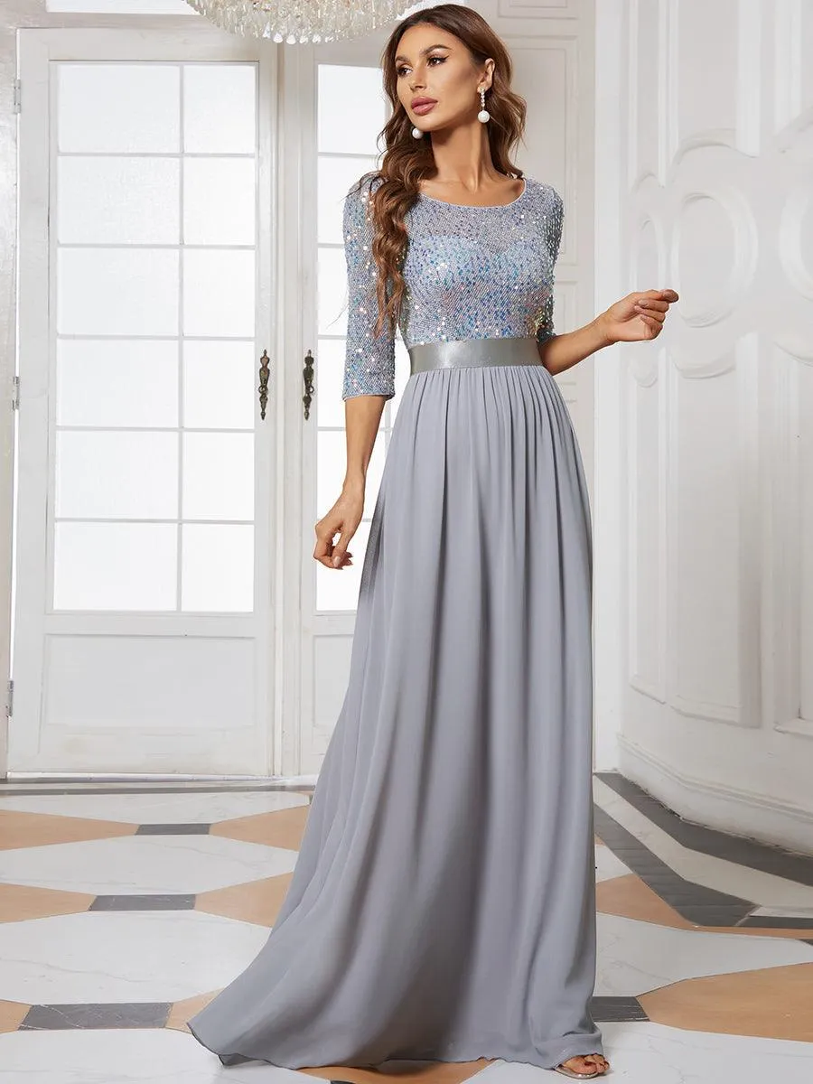 Robe de soirée élégante à encolure ronde et à manches 3/4 en patchwork de sequins