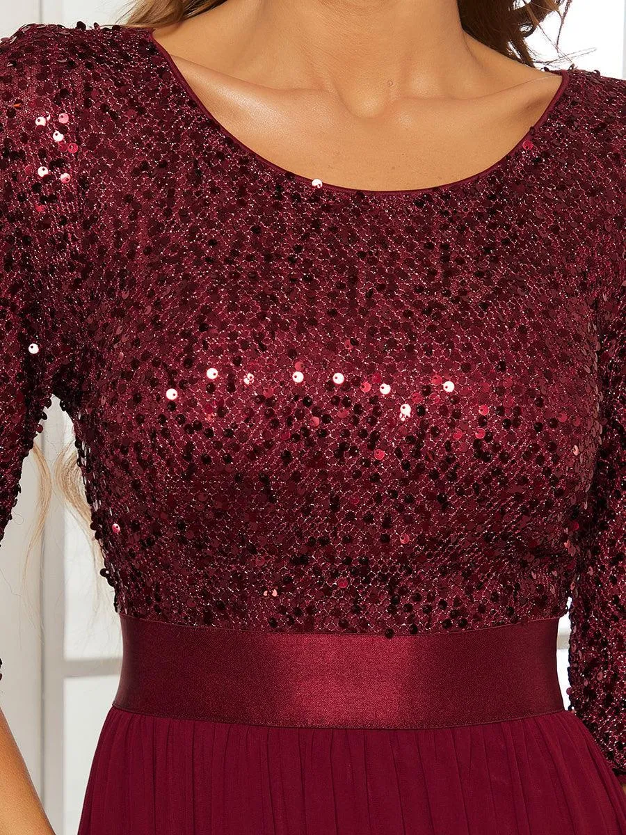 Robe de soirée élégante à encolure ronde et à manches 3/4 en patchwork de sequins