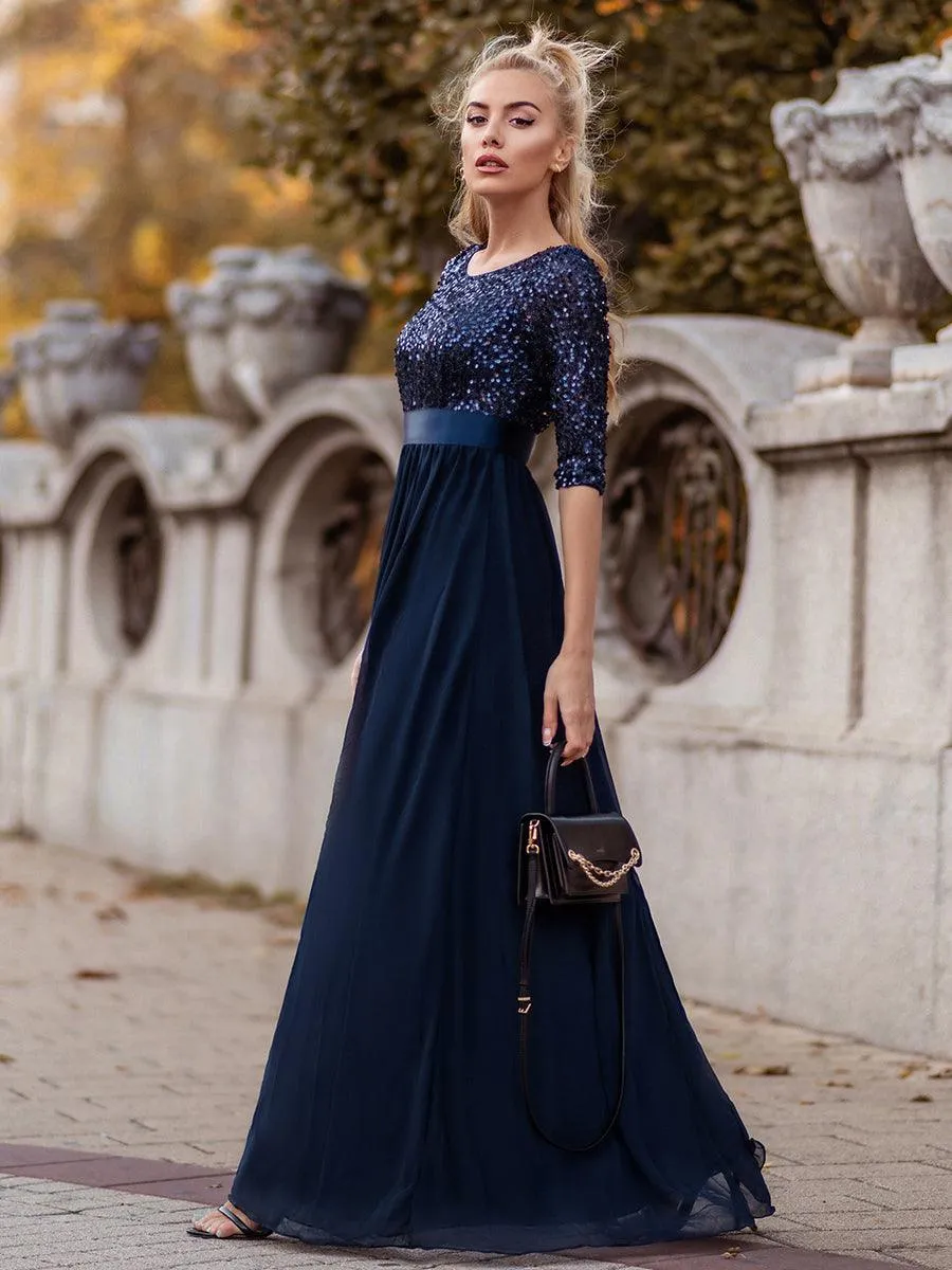 Robe de soirée élégante à encolure ronde et à manches 3/4 en patchwork de sequins