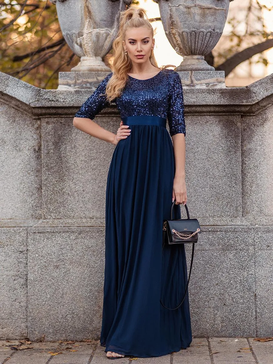Robe de soirée élégante à encolure ronde et à manches 3/4 en patchwork de sequins