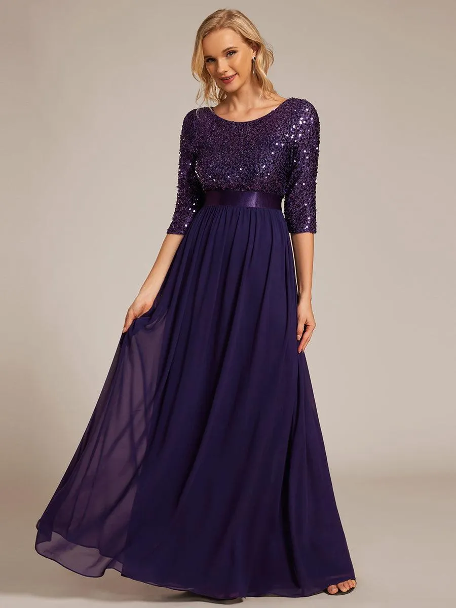 Robe de soirée élégante à encolure ronde et à manches 3/4 en patchwork de sequins