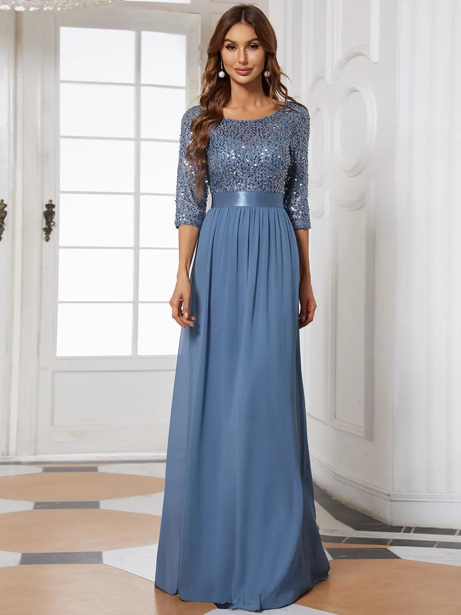 Robe de soirée élégante à encolure ronde et à manches 3/4 en patchwork de sequins