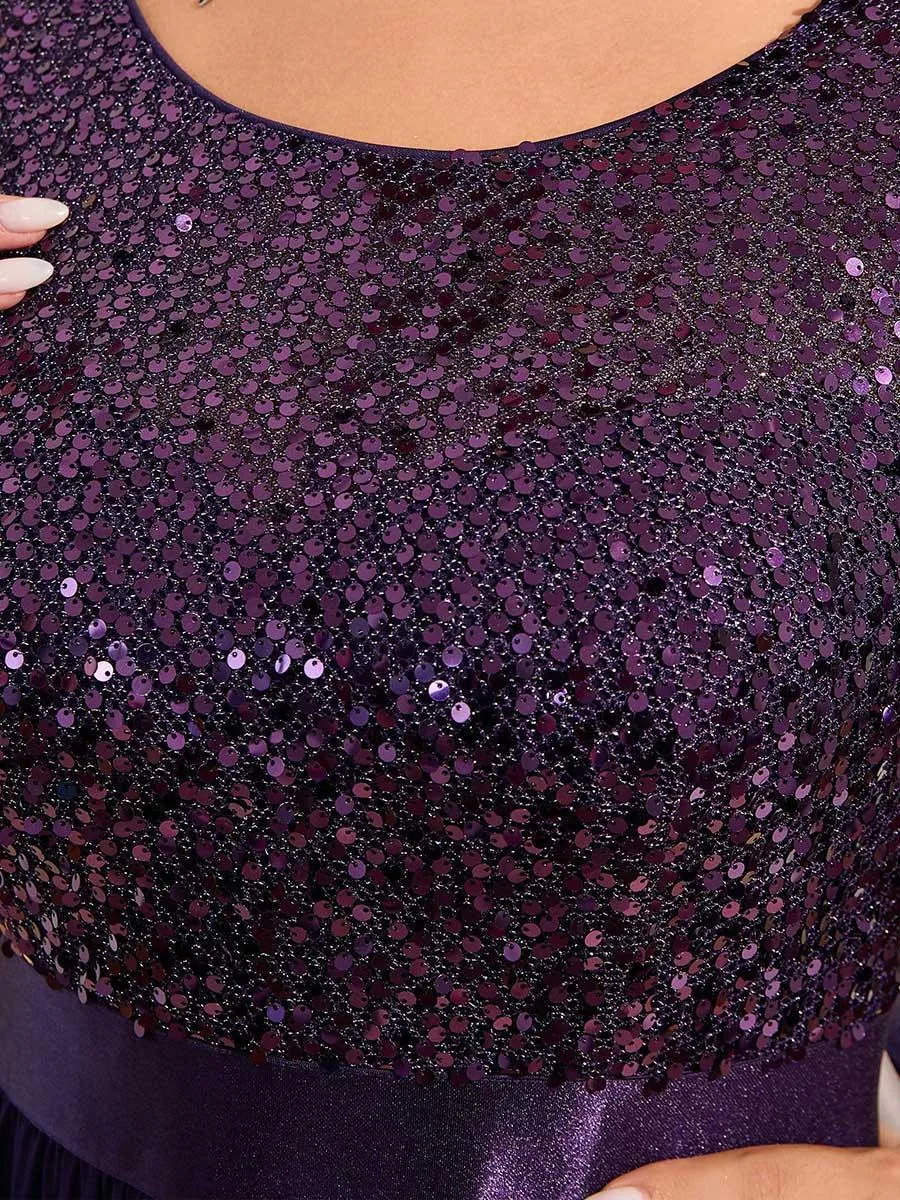 Robe de soirée élégante à encolure ronde et à manches 3/4 en patchwork de sequins