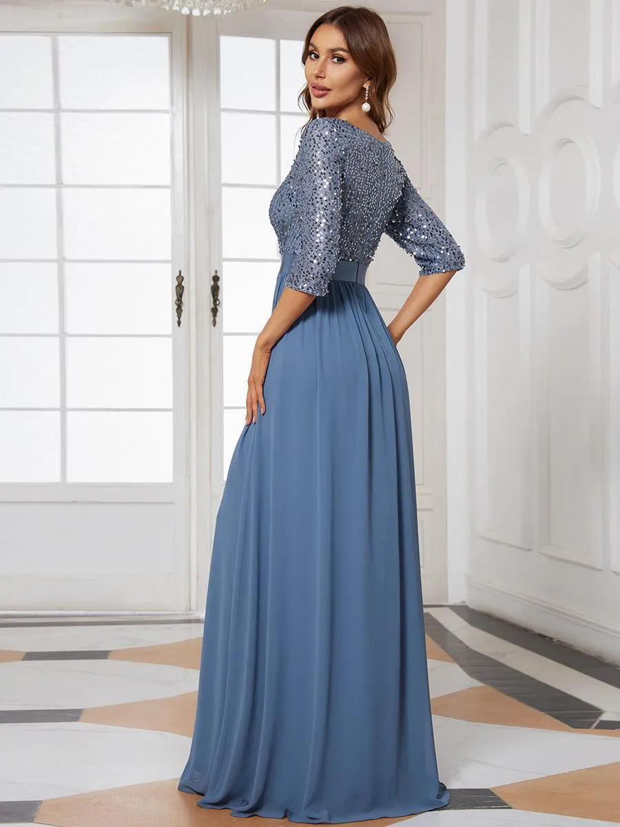 Robe de soirée élégante à encolure ronde et à manches 3/4 en patchwork de sequins