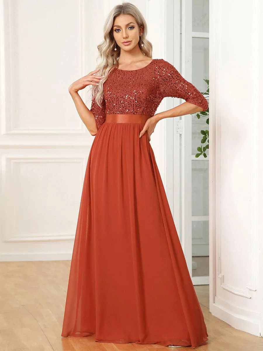 Robe de soirée élégante à encolure ronde et à manches 3/4 en patchwork de sequins