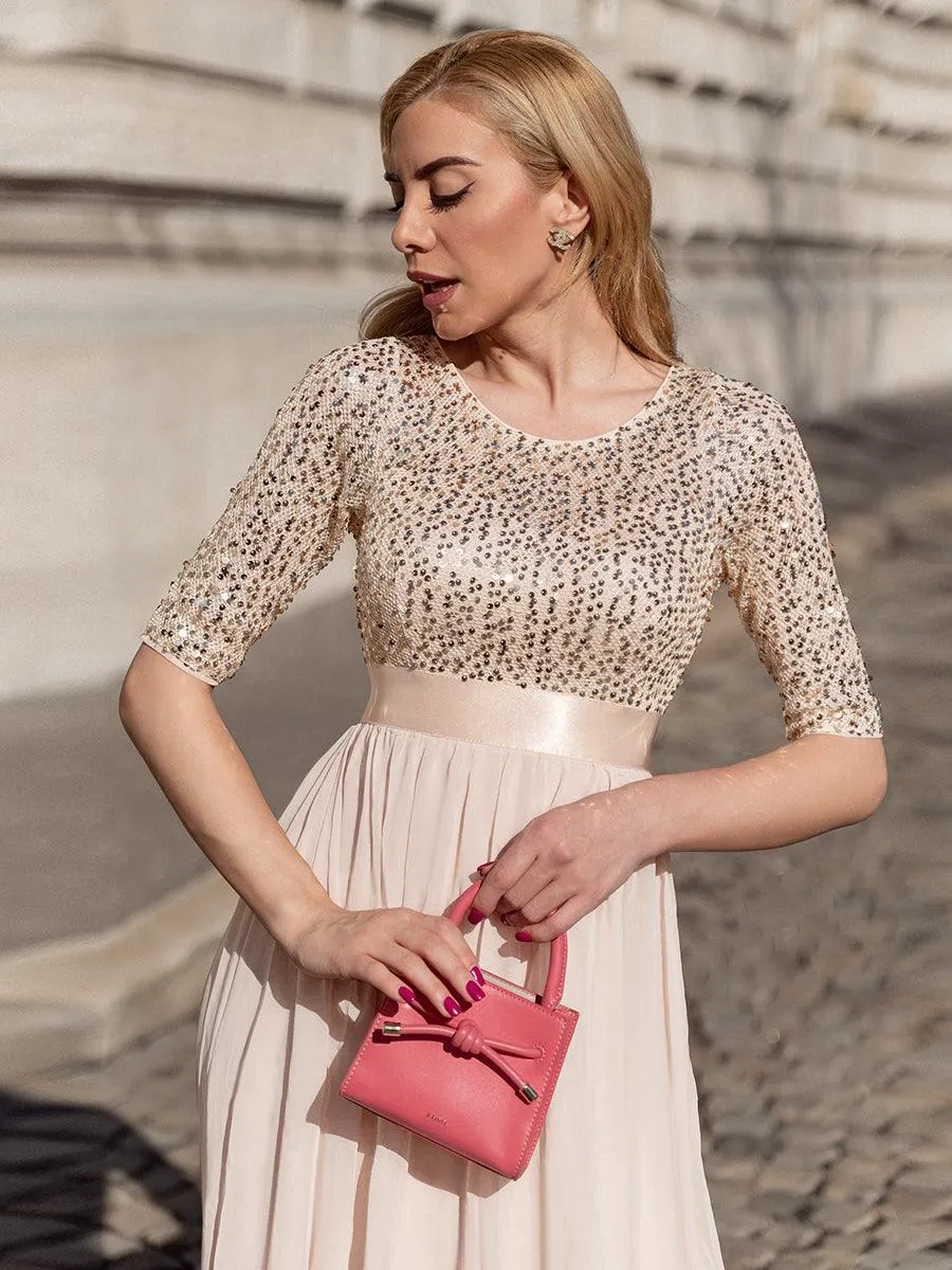 Robe de soirée élégante à encolure ronde et à manches 3/4 en patchwork de sequins
