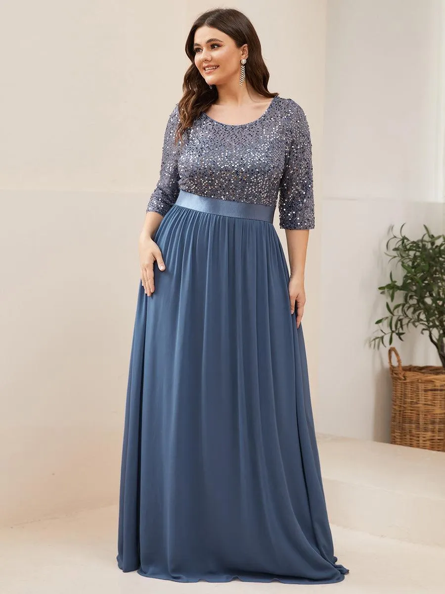 Robe de soirée élégante à encolure ronde et à manches 3/4 en patchwork de sequins