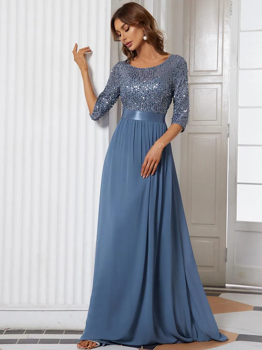 Robe de soirée élégante à encolure ronde et à manches 3/4 en patchwork de sequins
