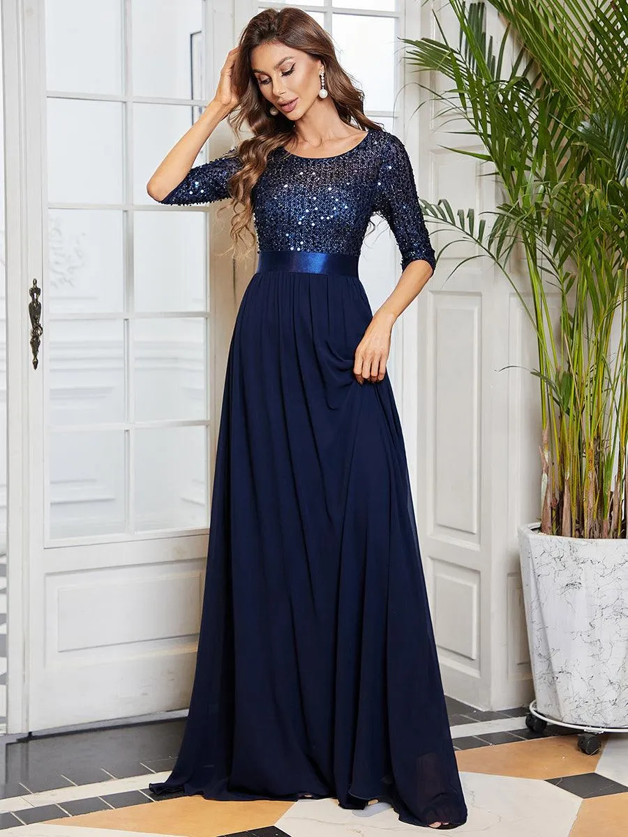 Robe de soirée élégante à encolure ronde et à manches 3/4 en patchwork de sequins