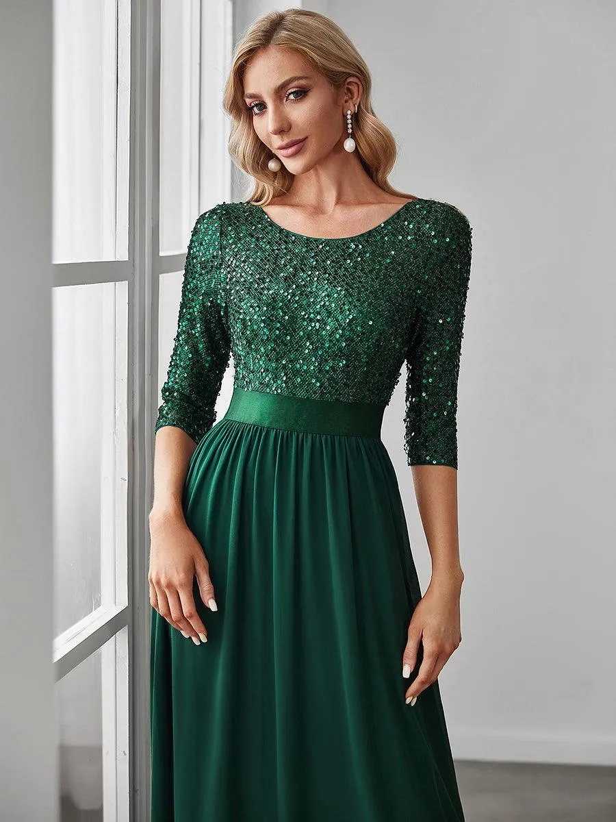 Robe de soirée élégante à encolure ronde et à manches 3/4 en patchwork de sequins