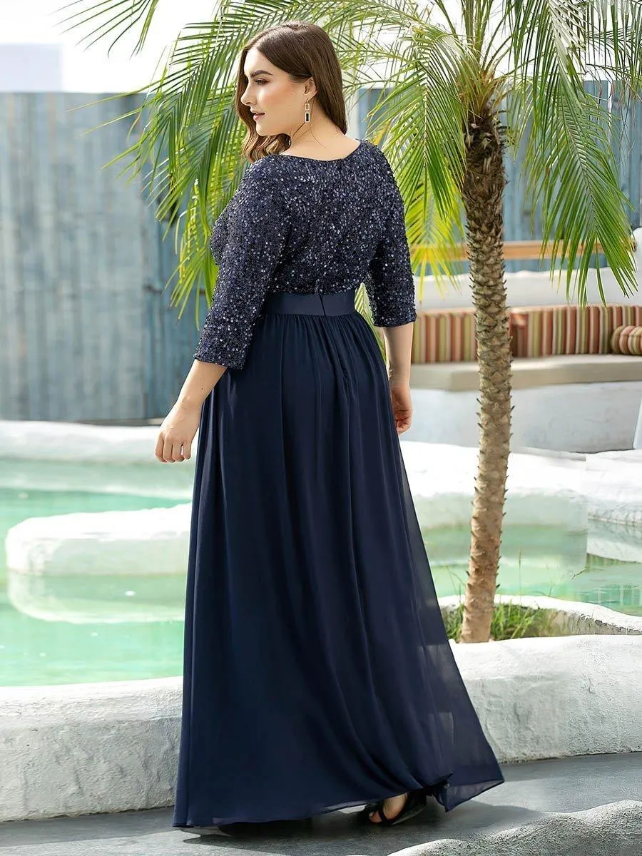 Robe de soirée élégante à encolure ronde et à manches 3/4 en patchwork de sequins