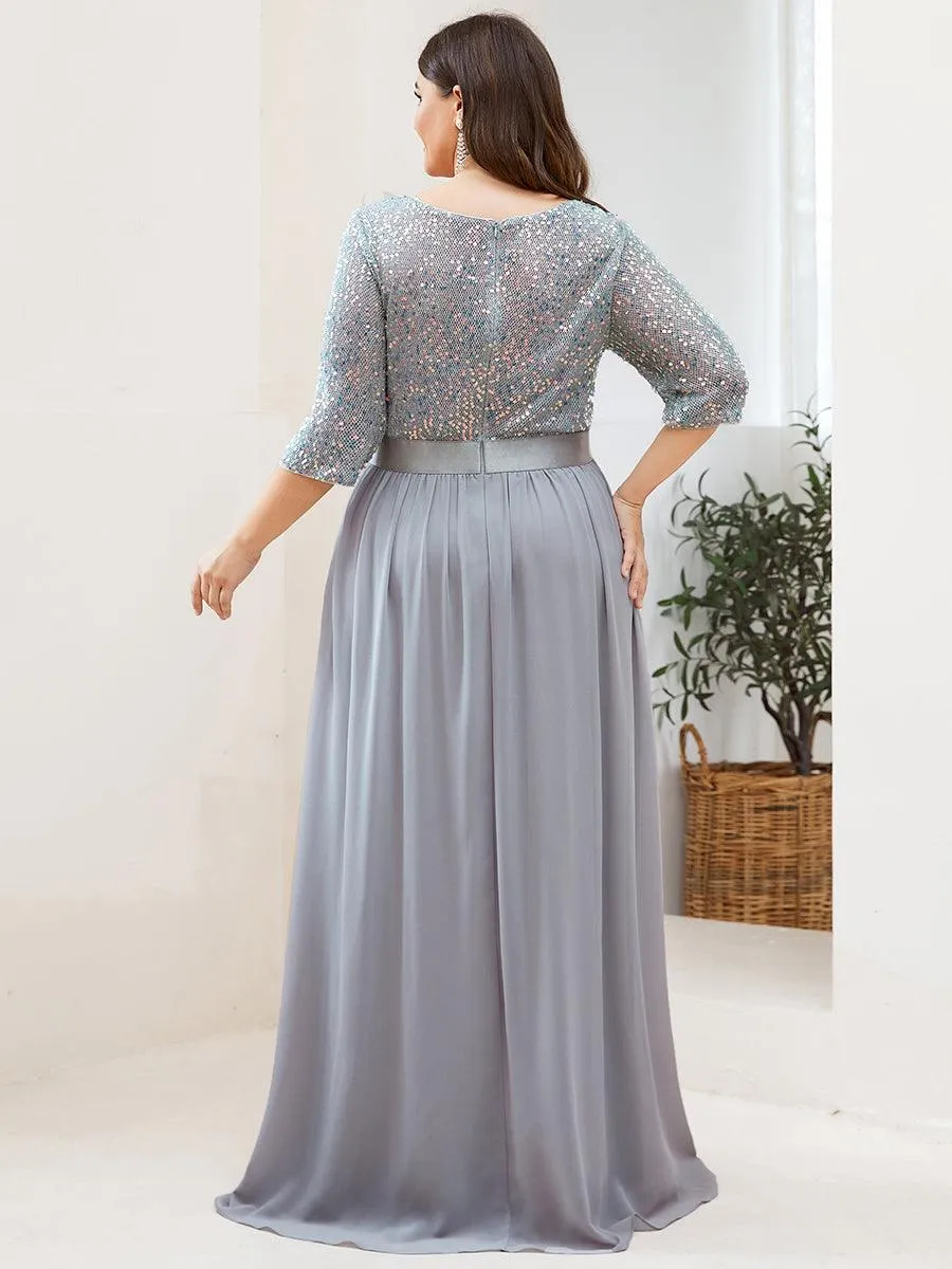 Robe de soirée élégante à encolure ronde et à manches 3/4 en patchwork de sequins