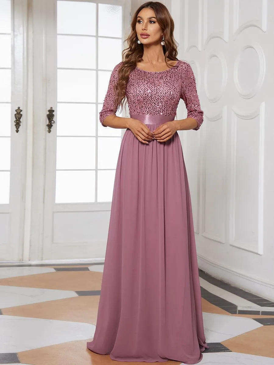 Robe de soirée élégante à encolure ronde et à manches 3/4 en patchwork de sequins