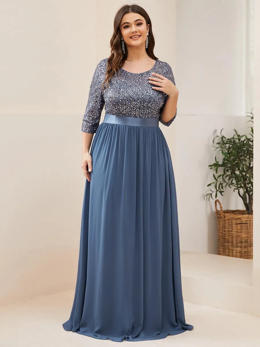 Robe de soirée élégante à encolure ronde et à manches 3/4 en patchwork de sequins