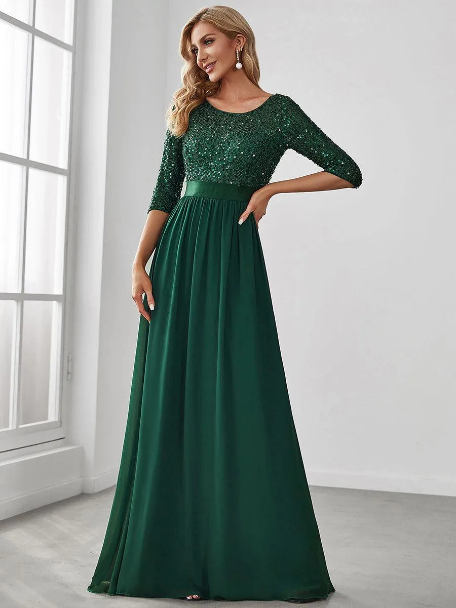 Robe de soirée élégante à encolure ronde et à manches 3/4 en patchwork de sequins