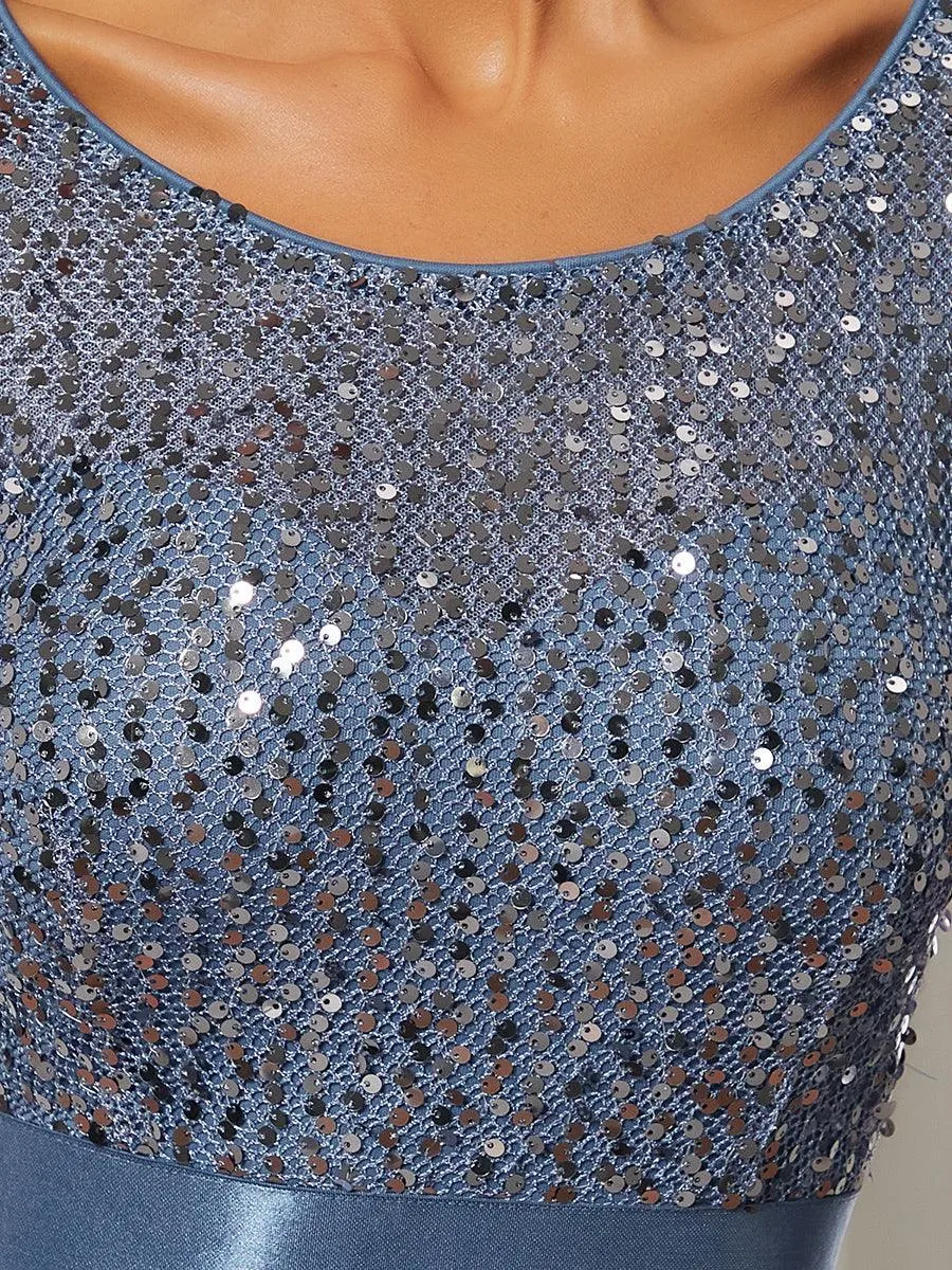 Robe de soirée élégante à encolure ronde et à manches 3/4 en patchwork de sequins