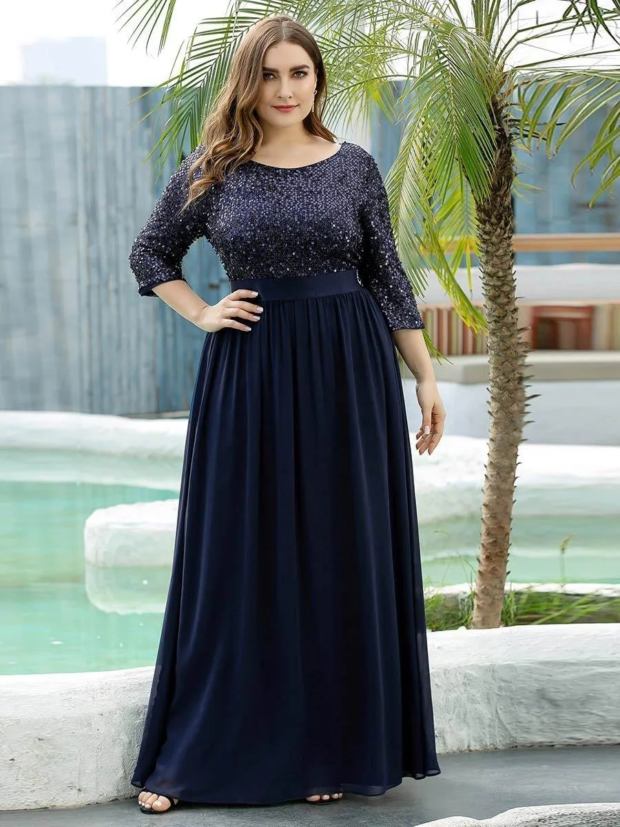 Robe de soirée élégante à encolure ronde et à manches 3/4 en patchwork de sequins