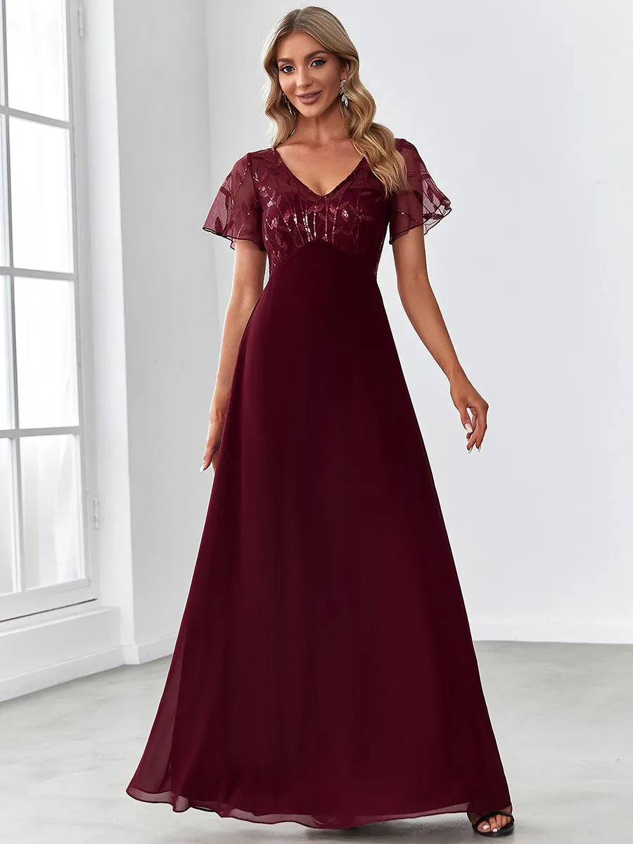 Robe de Soirée Longue à Imprimé Paillettes avec Mancherons(Vente finale)