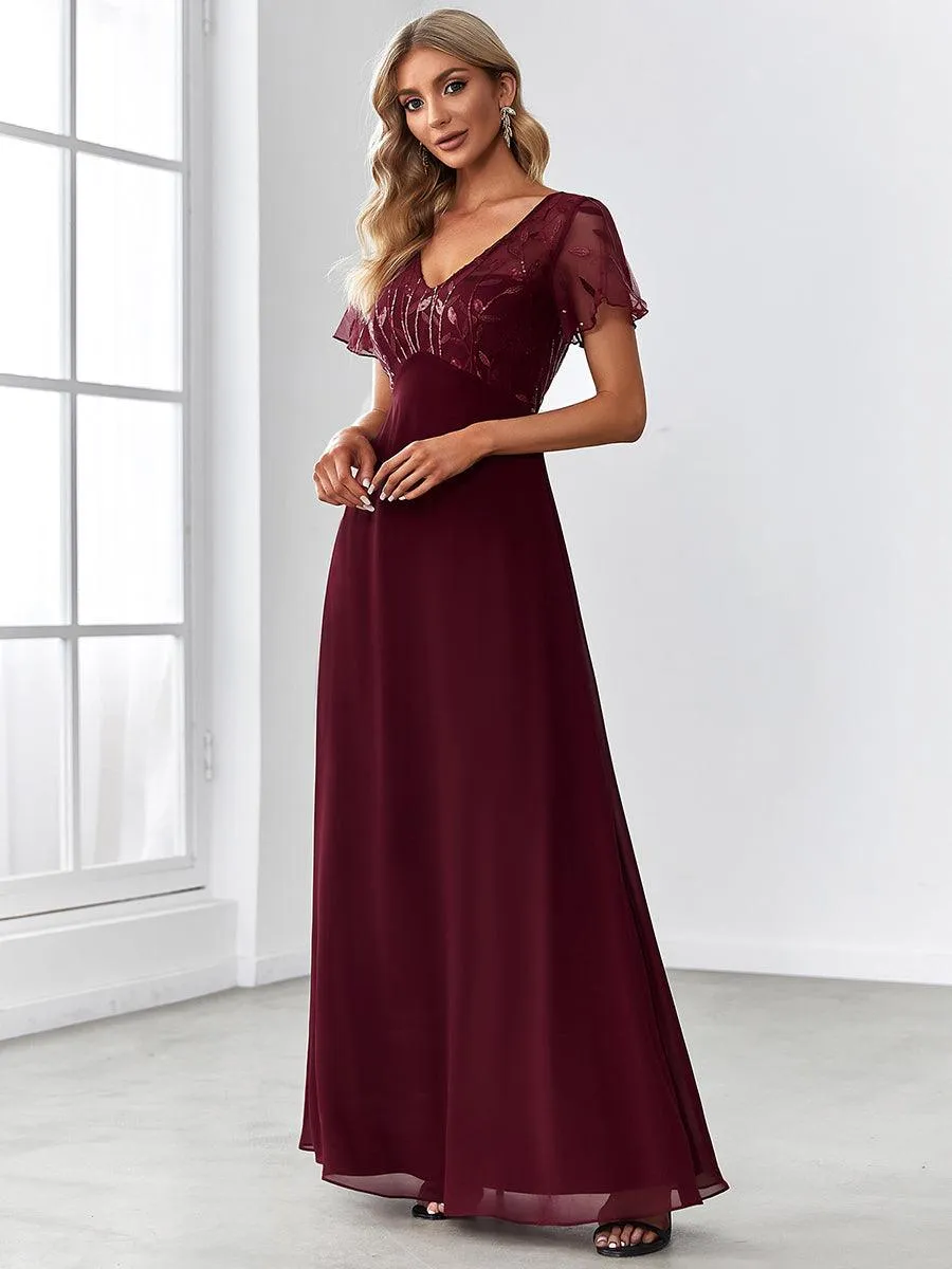 Robe de Soirée Longue à Imprimé Paillettes avec Mancherons(Vente finale)