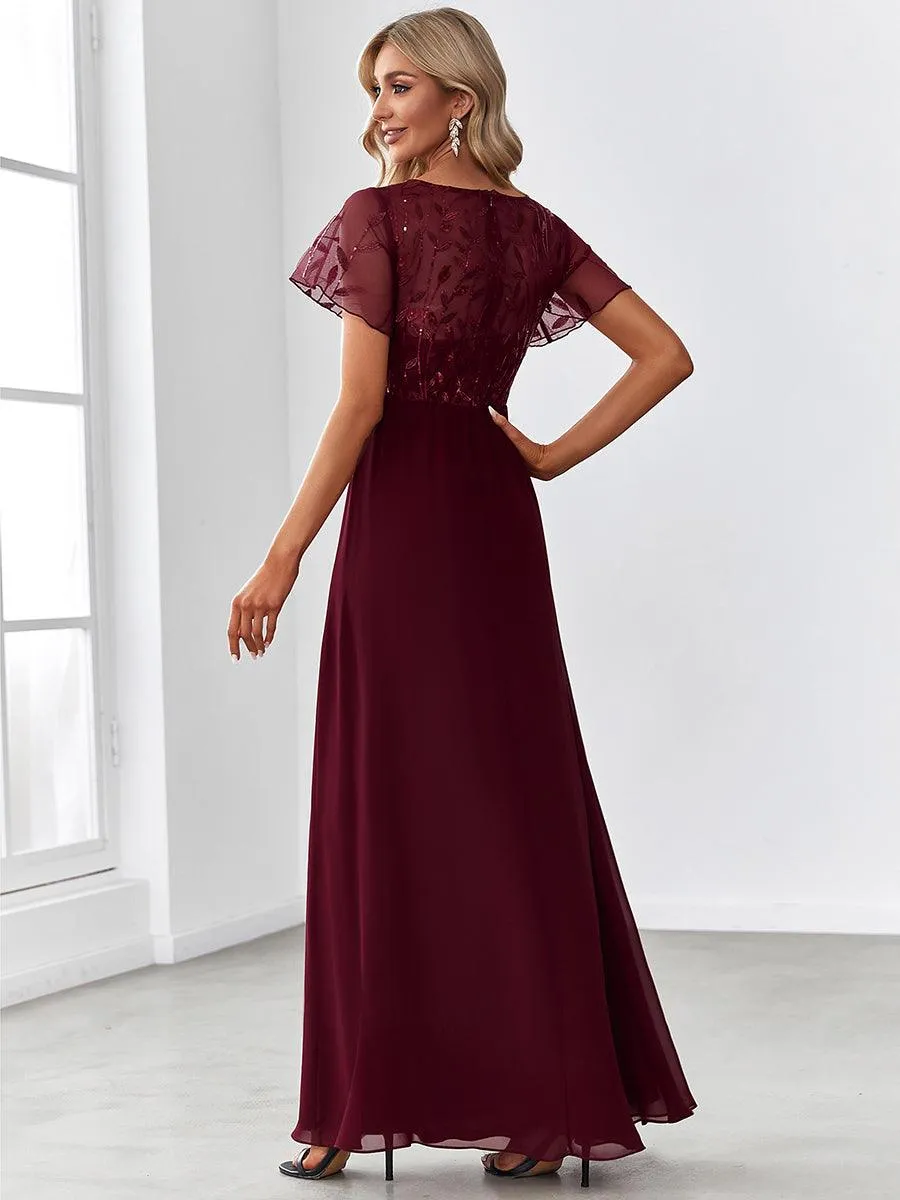 Robe de Soirée Longue à Imprimé Paillettes avec Mancherons(Vente finale)
