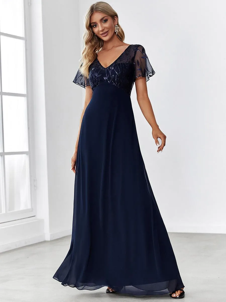 Robe de Soirée Longue à Imprimé Paillettes avec Mancherons(Vente finale)