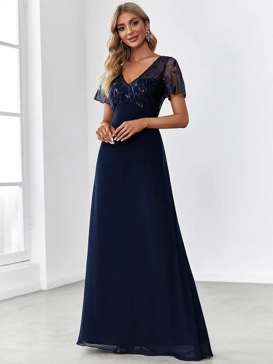 Robe de Soirée Longue à Imprimé Paillettes avec Mancherons(Vente finale)