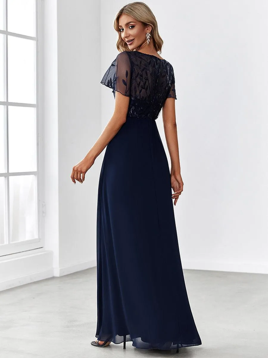 Robe de Soirée Longue à Imprimé Paillettes avec Mancherons(Vente finale)