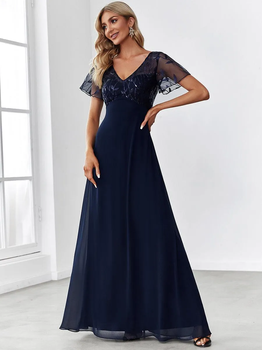 Robe de Soirée Longue à Imprimé Paillettes avec Mancherons(Vente finale)