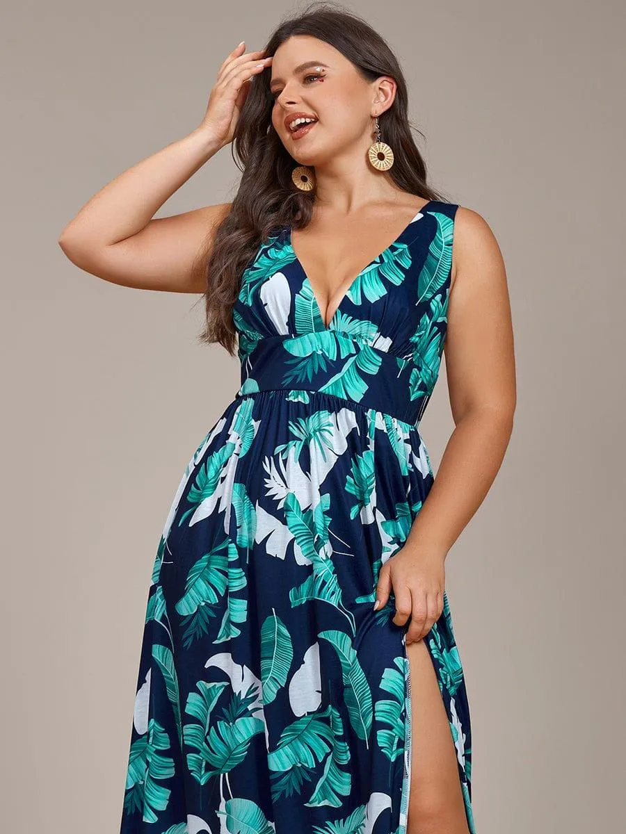 Robe de Soirée Mi-Longue Fleurie Sans Manches Curvy à Fentes Hautes(Vente finale)
