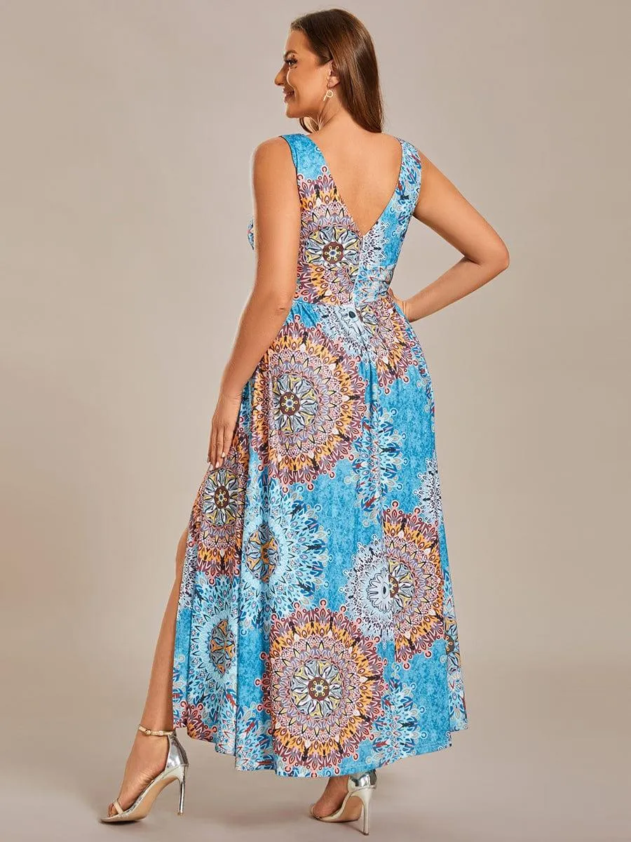 Robe de Soirée Mi-Longue Fleurie Sans Manches Curvy à Fentes Hautes(Vente finale)