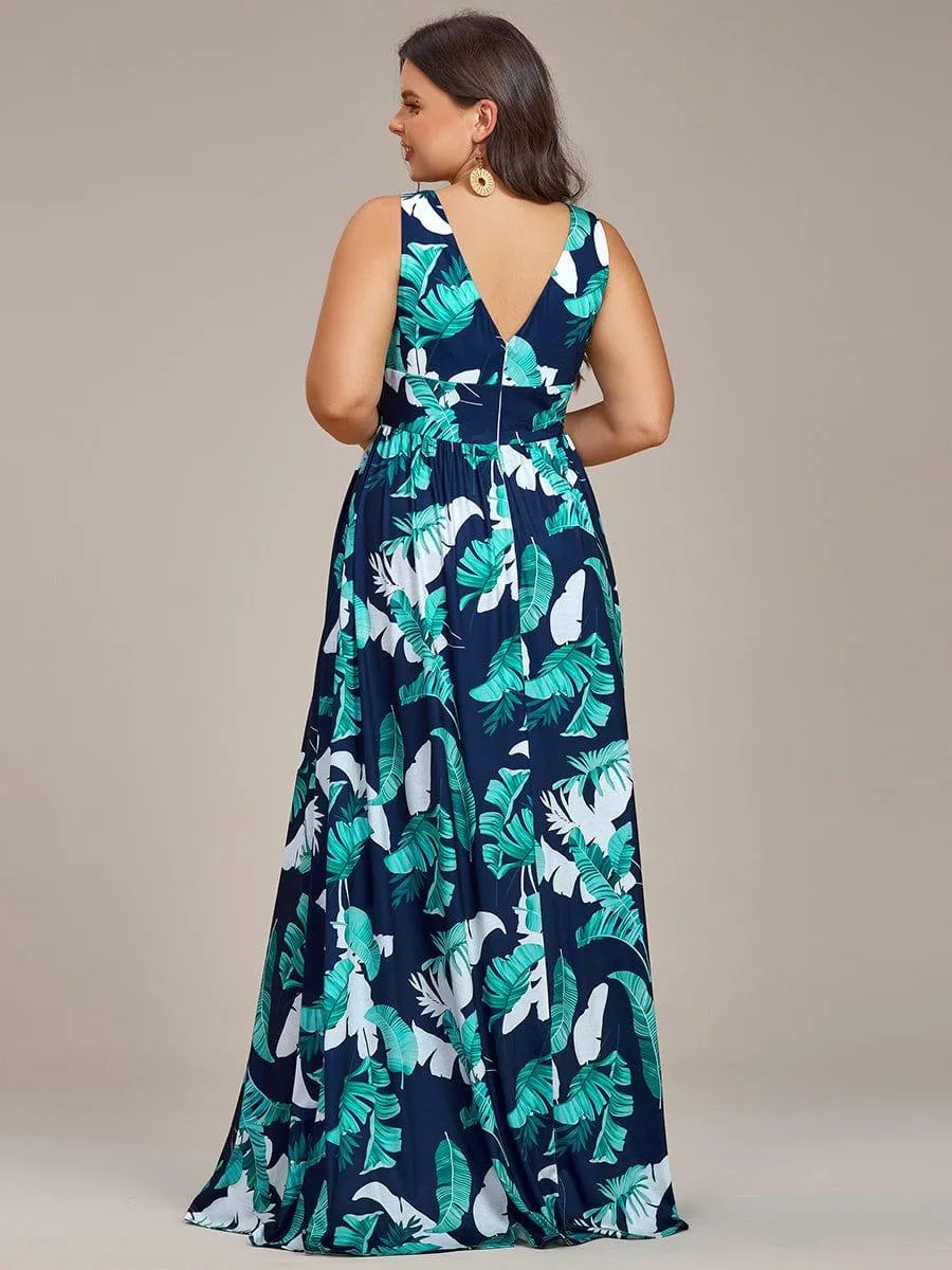 Robe de Soirée Mi-Longue Fleurie Sans Manches Curvy à Fentes Hautes(Vente finale)