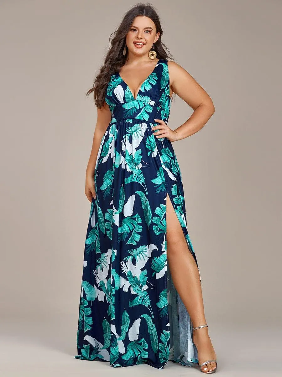 Robe de Soirée Mi-Longue Fleurie Sans Manches Curvy à Fentes Hautes(Vente finale)